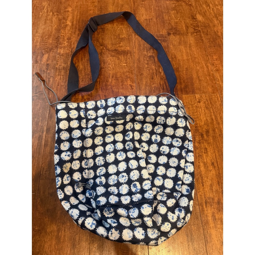 Vera Bradley Blue White Canvas Dotted Drawstring Crossbody Bag Messenger Purse